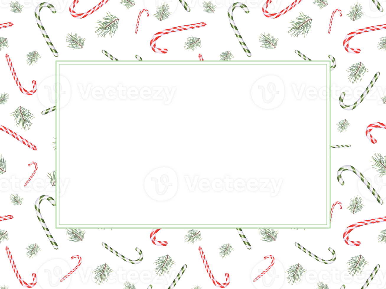 Red and green candy canes, pine branches. Horizontal frame with copy space for text. Bonbons, candies, sugar caramels, Christmas tree, conifer twig. Delicious ornament. Watercolor illustration png