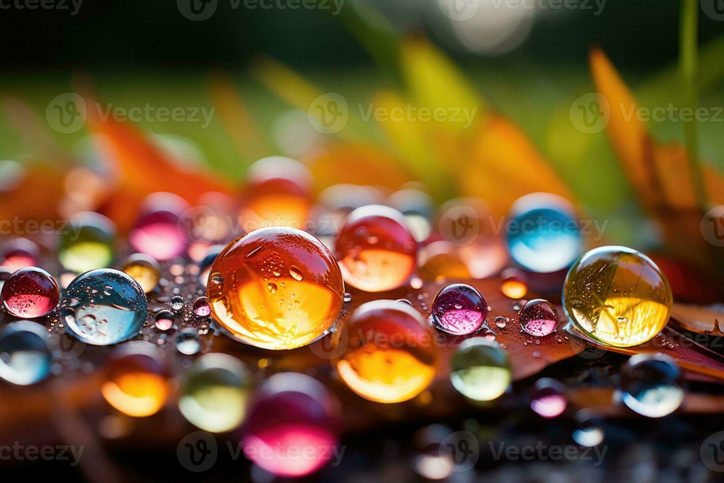 AI generated Side macro view of rainbow water drops on the ground, abstract background photo