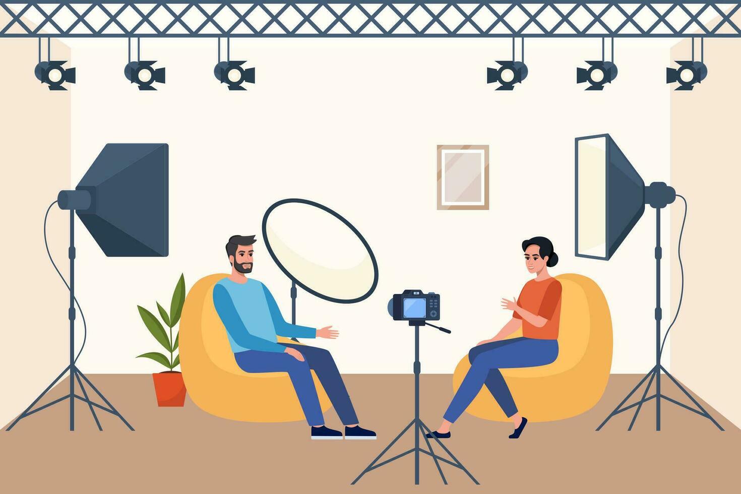 Shooting interview in professional studio. Soft box light, camera, spotlight. Professional equipment for video shooting. Two people having conversation on camera, making content. Vector illustration.