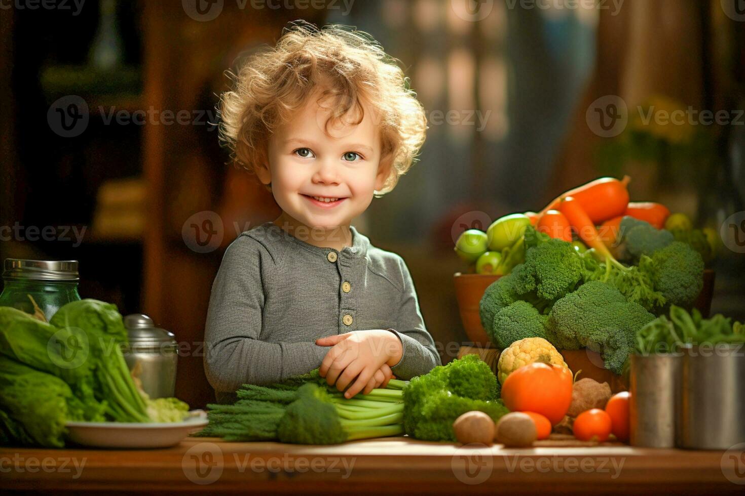 AI generated A small child sits at the table in front of him vegetables, broccoli, carrots, tomatoes, cabbage photo