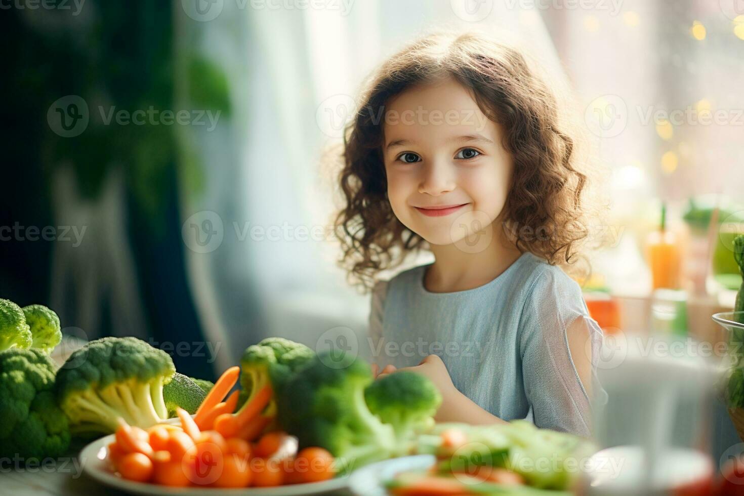 AI generated A small child sits at the table in front of him vegetables, broccoli, carrots, tomatoes, cabbage photo