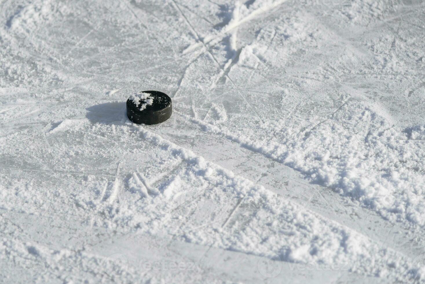 hockey puck lies on the ice in the stadium photo