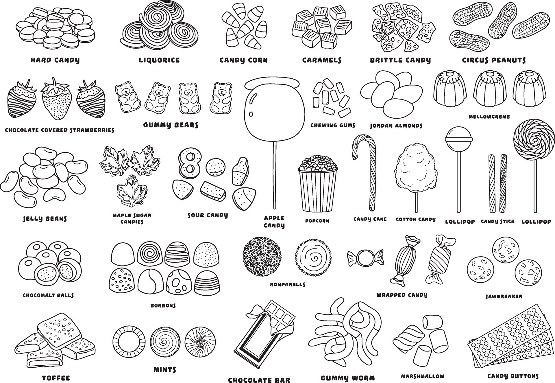 Hand drawn set different types Of candy Collection icon set different