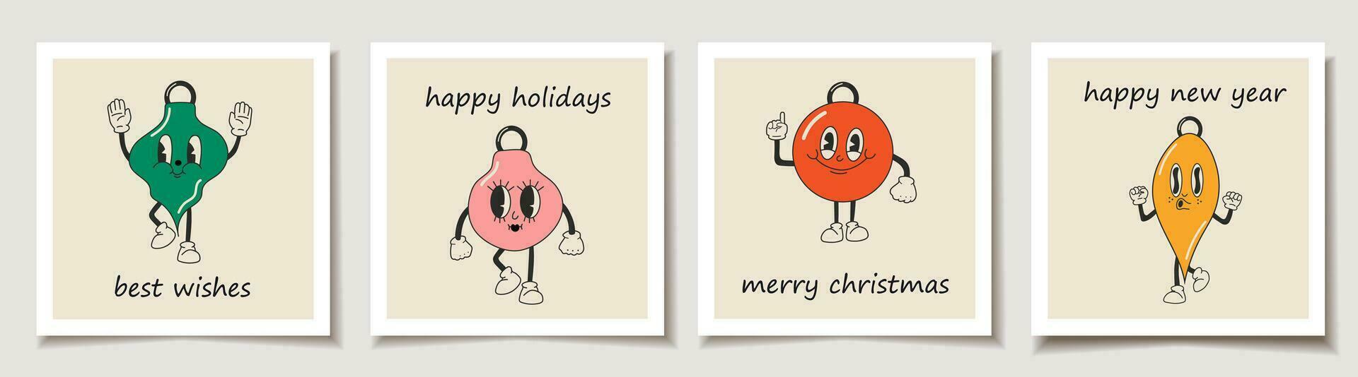 Christmas vector gift card or tag set Cute Cartoons christmas balls. Happy and cheerful emotions. Merry christmas lettering, best wishes