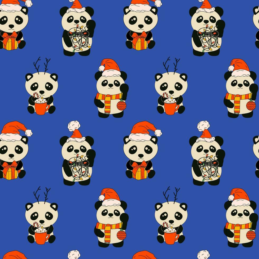 sin costura modelo con panda con decoración Navidad en azul antecedentes. vector