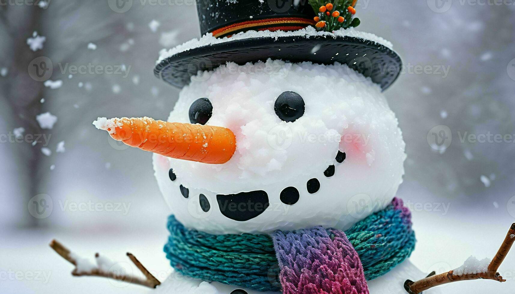 AI generated Happy Snowman with Scarf and Top Hat in Snow photo