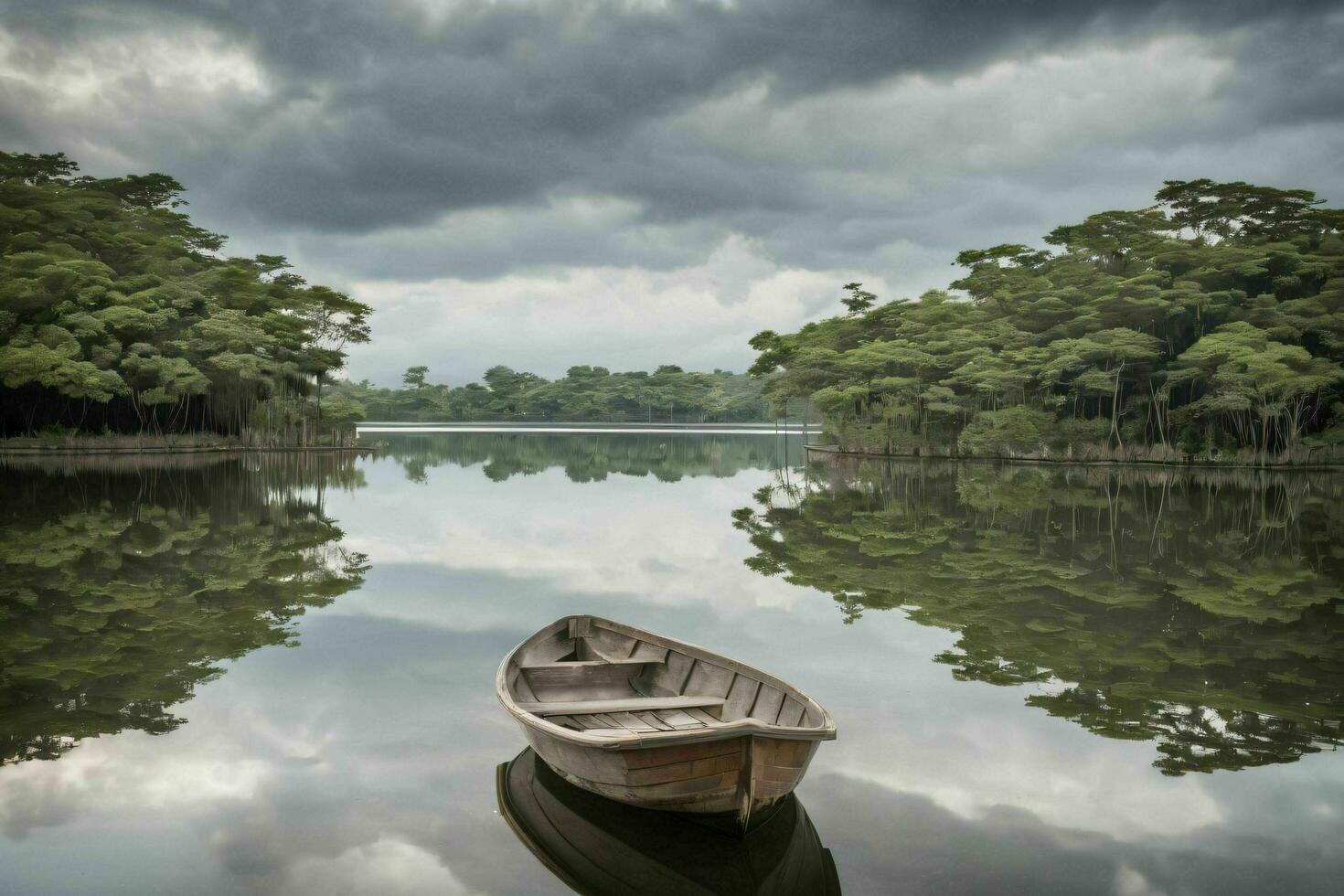 AI generated Single Boat with Reflections on Lake photo