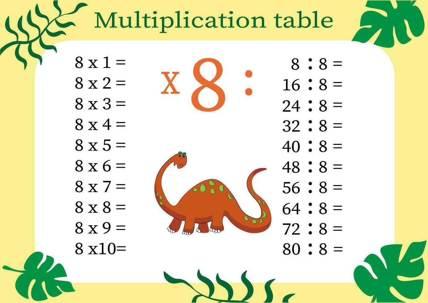 multiplicación mesa por 8 con un tarea a consolidar tu conocimiento de multiplicación. vistoso dibujos animados multiplicación mesa vector para enseñando matemáticas. dibujos animados dinosaurios eps10