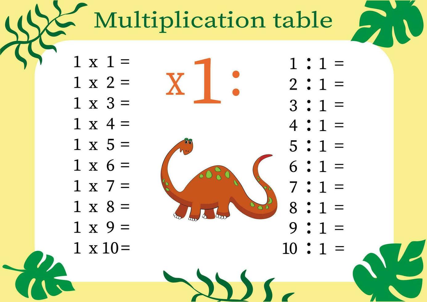 Multiplication table by 1 with a task to consolidate your knowledge of multiplication. Colorful cartoon multiplication table vector for teaching math. Cartoon dinosaurs. EPS10