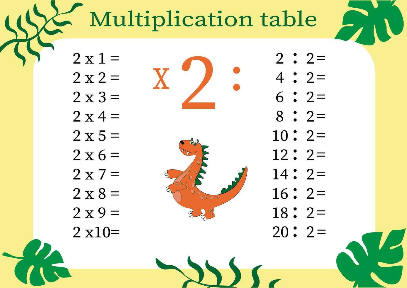 multiplicación mesa por 2 con un tarea a consolidar tu conocimiento de multiplicación. vistoso dibujos animados multiplicación mesa vector para enseñando matemáticas. dibujos animados dinosaurios eps10