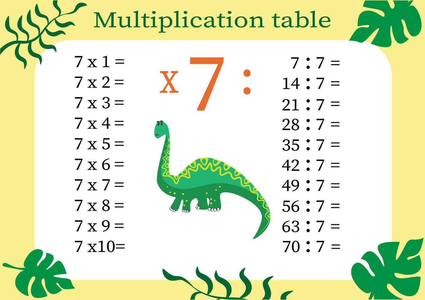 multiplicación mesa por 7 7 con un tarea a consolidar tu conocimiento de multiplicación. vistoso dibujos animados multiplicación mesa vector para enseñando matemáticas. dibujos animados dinosaurios eps10