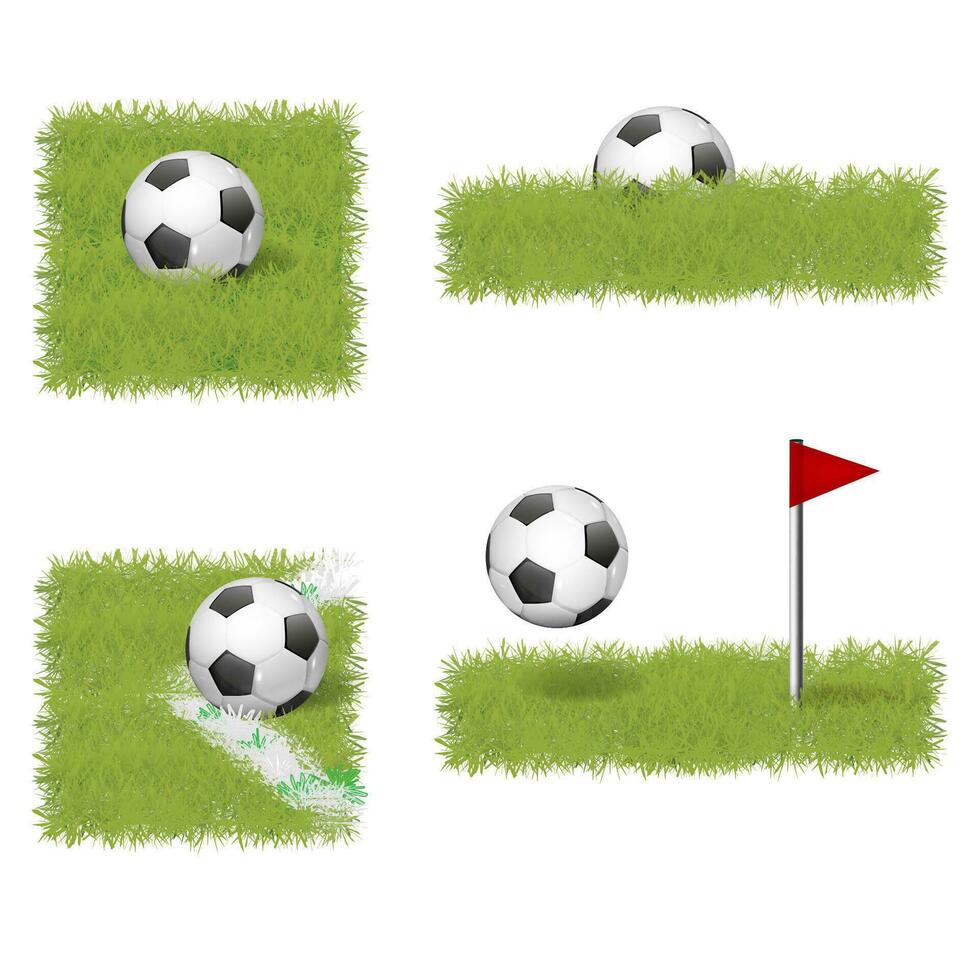 fútbol pelota en campo con verde césped y blanco línea. vector realista antecedentes .