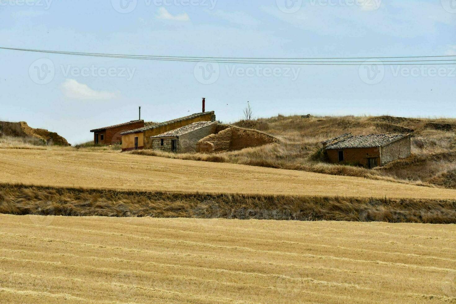 un campo con un pocos casas y un poder línea foto