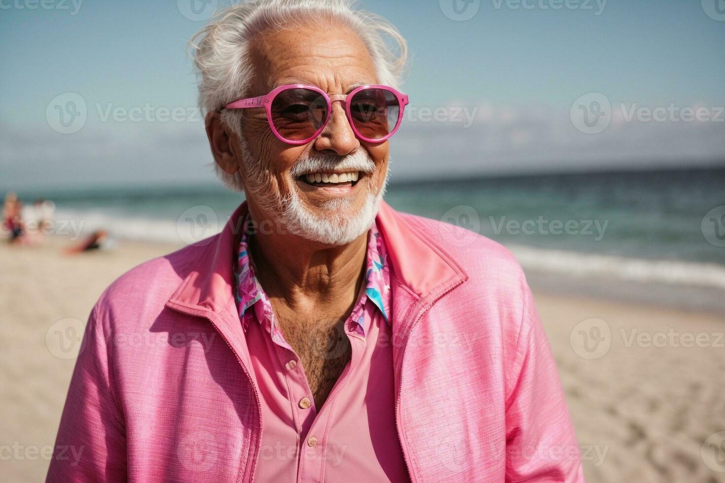 AI generated A high self-confident old woman. Laughing happily in a bright orange outfit Wearing cool sunglasses in her store photo