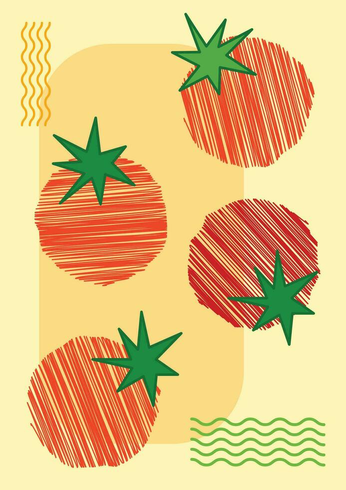 Abstract doodle sketch styled tomato cooking ingredients vector illustration isolated on vertical yellow background. Simple flat cartoon minimalist art style drawing for kitchen or restaurant poster.
