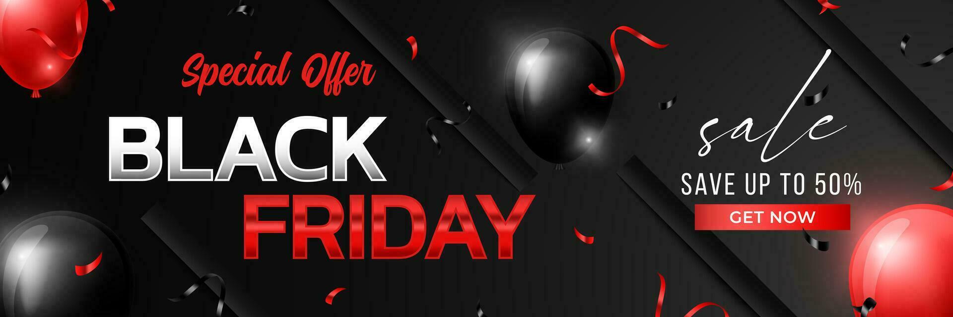 Black Friday Sale Promo Banner with Abstract Balloon Red and Black. Ratio 3-1 Landscape. Template Vector EPS10.