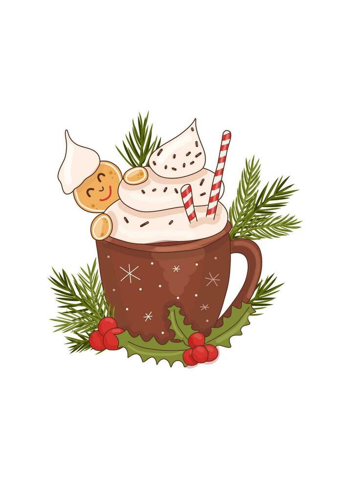 Mug of cocoa with cream, decorated with berries and fir branches, a gingerbread man looks out from behind the mug and smiles, he has cream on his head. Postcards, prints, decorations. vector. vector