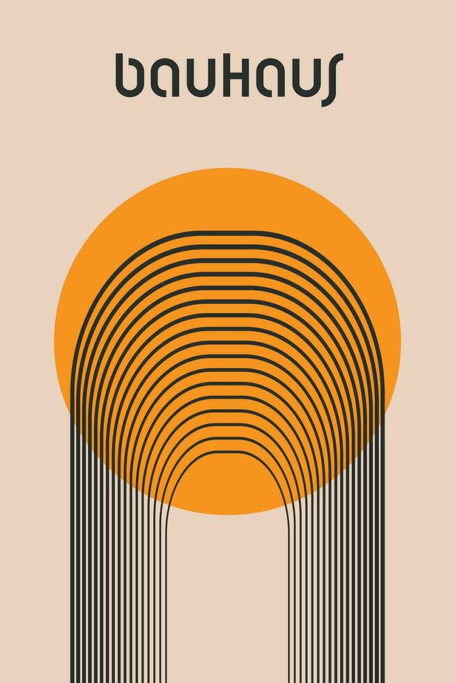 Minimalist vintage 20s geometric design poster. Bauhaus poster, template with orange circle and arc shaped geometric lines on light background. wall art, template, Vector. vector