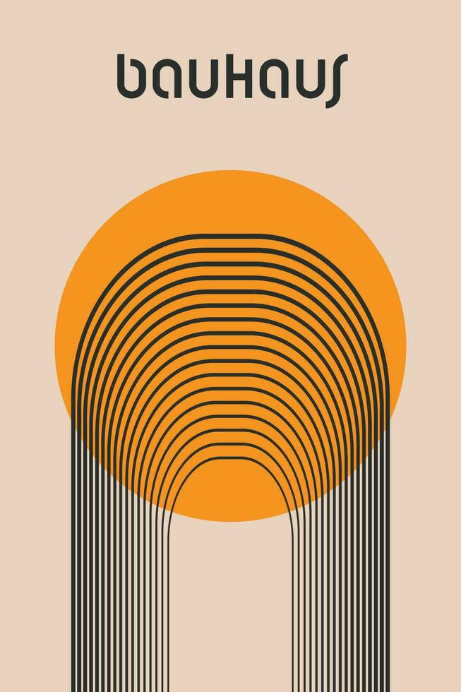 minimalista Clásico 20s geométrico diseño póster. Bauhaus póster, modelo con naranja circulo y arco conformado geométrico líneas en ligero antecedentes. pared arte, plantilla, vector. vector