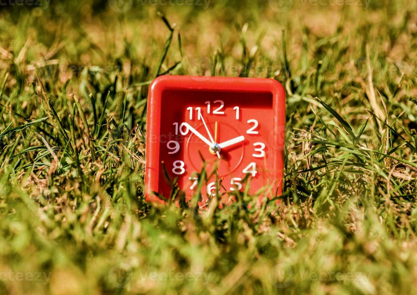 a red clock sitting in the grass photo