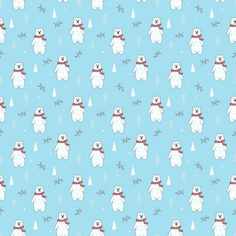 Seamless cute pattern with polar bear, white trees and berries on blue background, winter pattern. For packaging, prints for textiles, packaging, background. Vector. vector