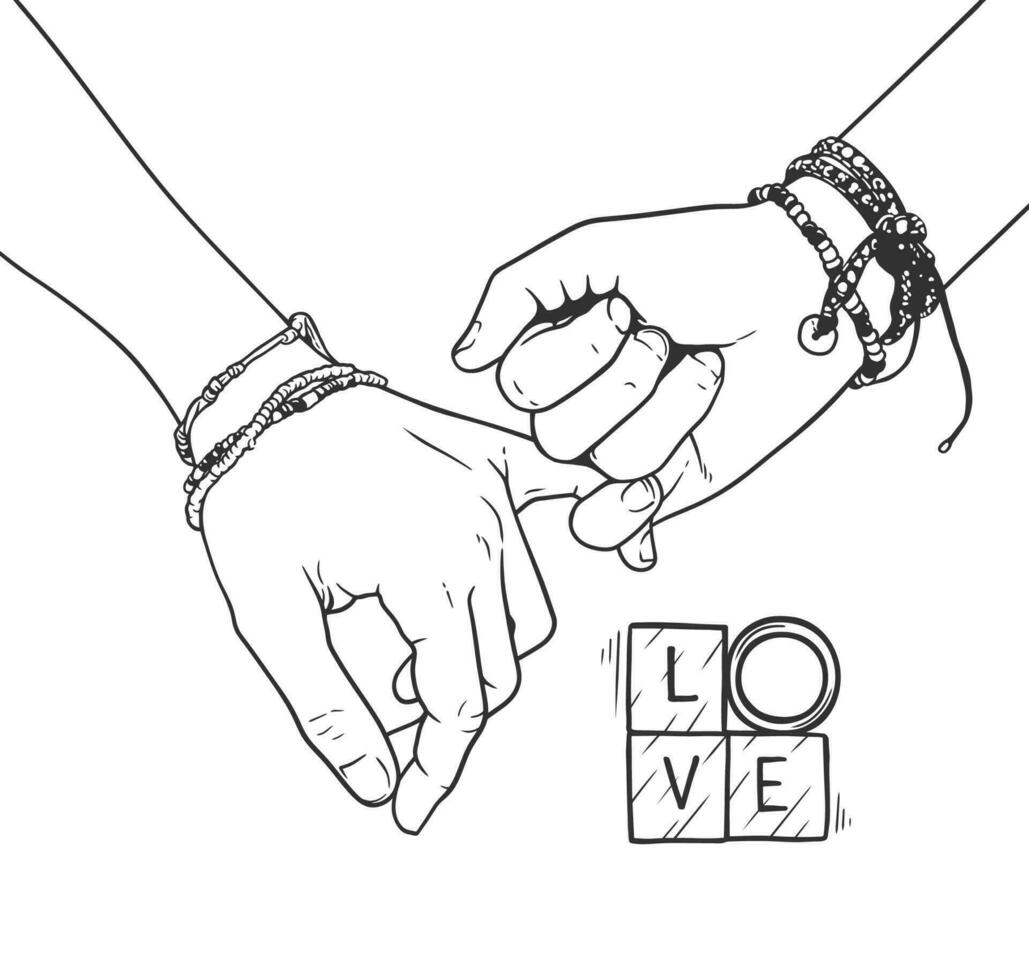 Black and white line drawing of two hands holding pinkies with the word love vector