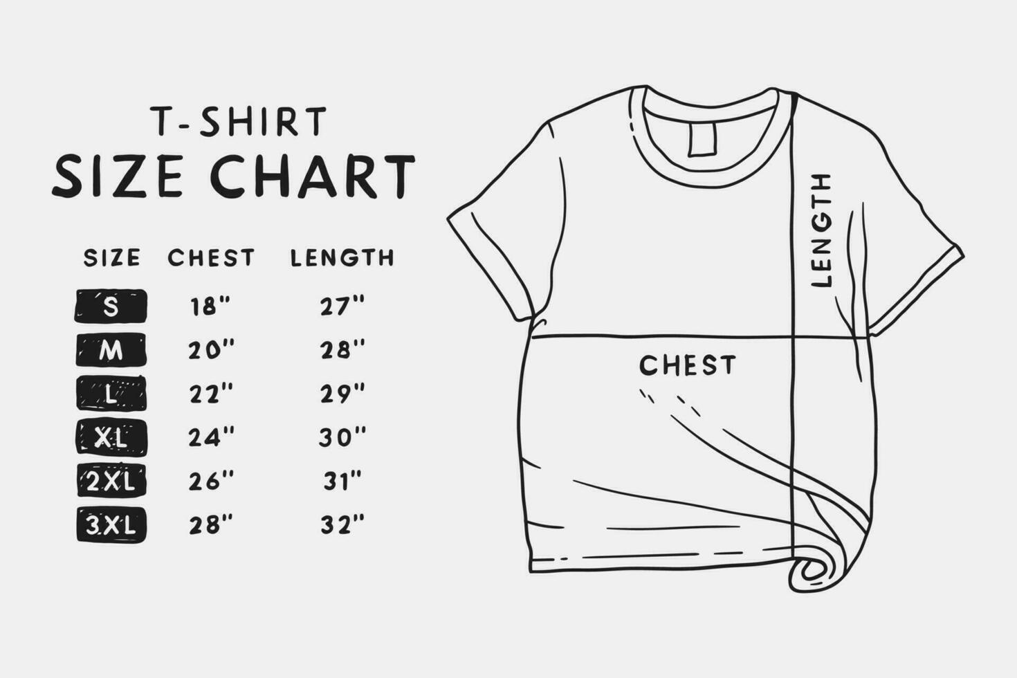 Black and white line drawing of a t-shirt size chart vector