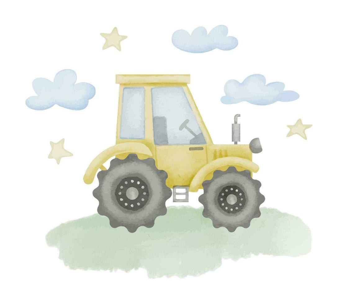 Tractor Watercolor illustration. Hand drawn clipart of baby toy on isolated background. Truck drawing for prints on a boys tshirt. Agrimotor car sketch for wall art stickers and greeting cards vector