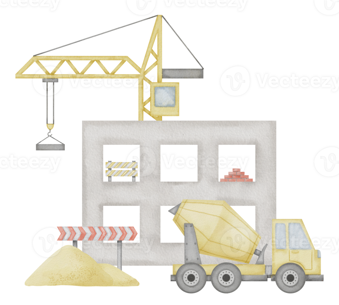 Building Construction Watercolor illustration. Hand drawn clip art of concrete mixer and lifting crane on isolated background. Baby boy tshirt print. Drawing of hoisting machine and house frame png