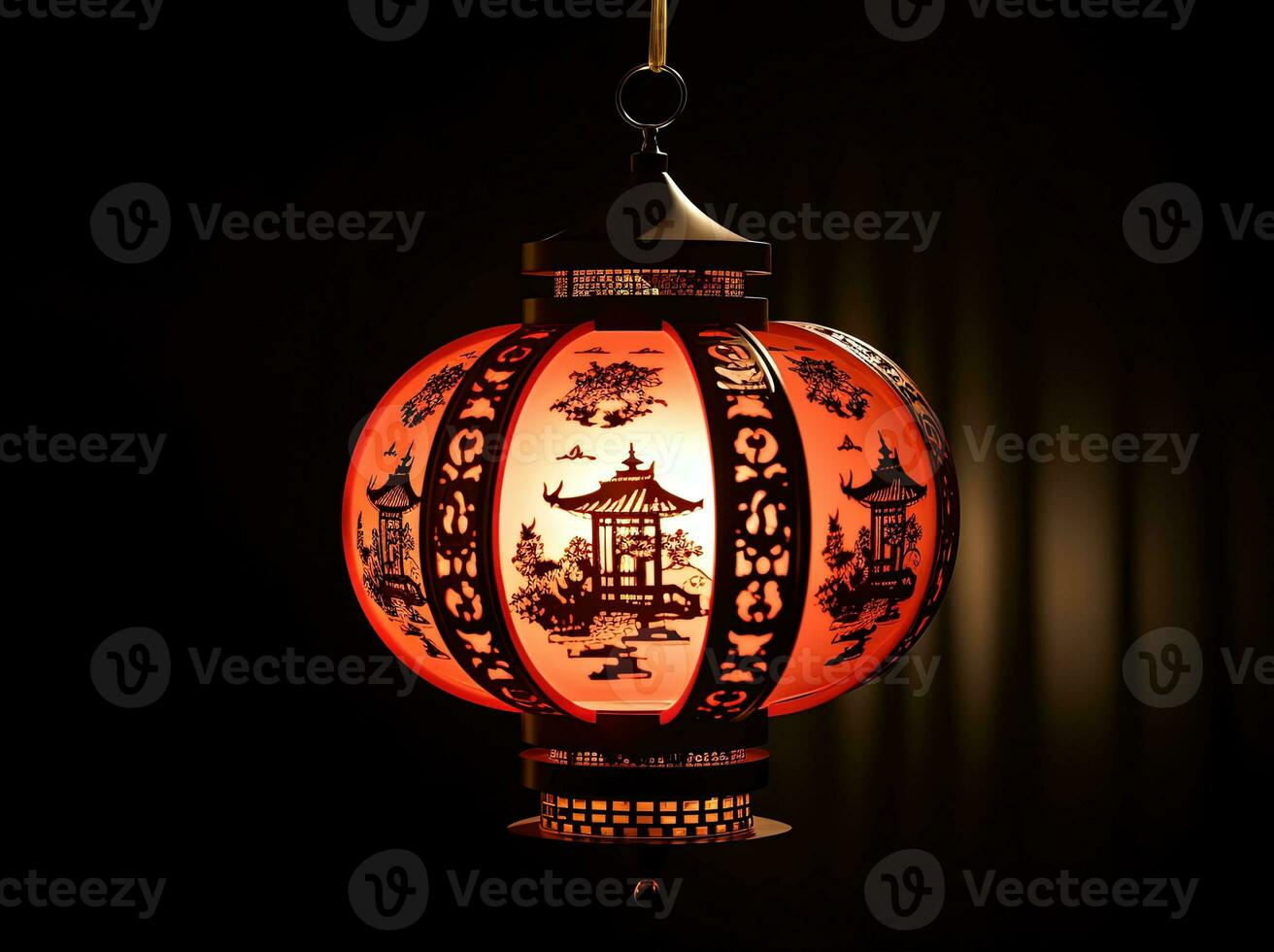 AI generated Red and gold chinese lanterns isolated on black background. Asian new year red lamps festival AI generative photo