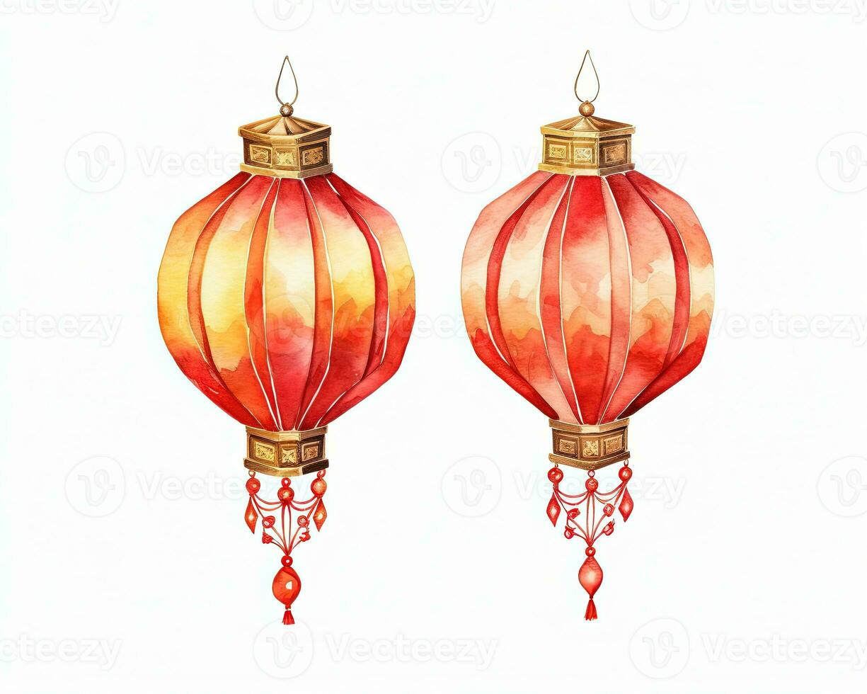 AI generated Red and gold chinese lanterns isolated on black background. Asian new year red lamps festival AI generative photo