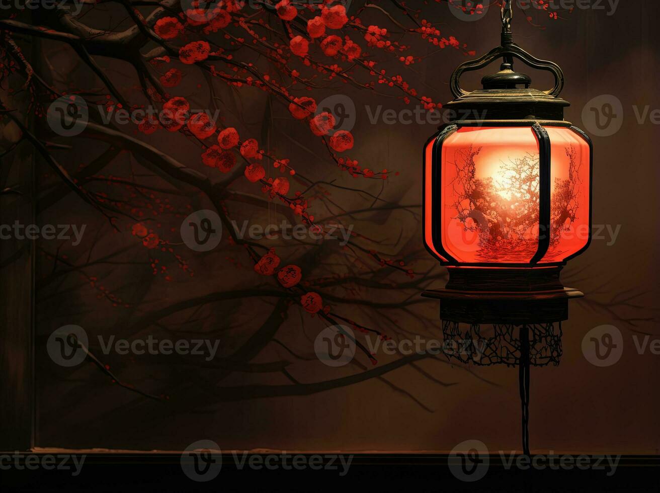 AI generated Red and gold chinese lanterns isolated on black background. Asian new year red lamps festival AI generative photo