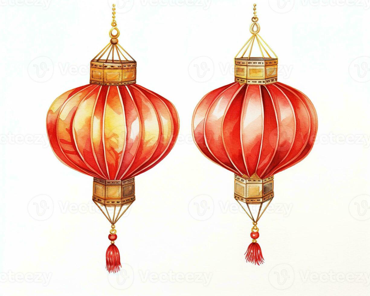 AI generated Red and gold chinese lanterns isolated on black background. Asian new year red lamps festival AI generative photo