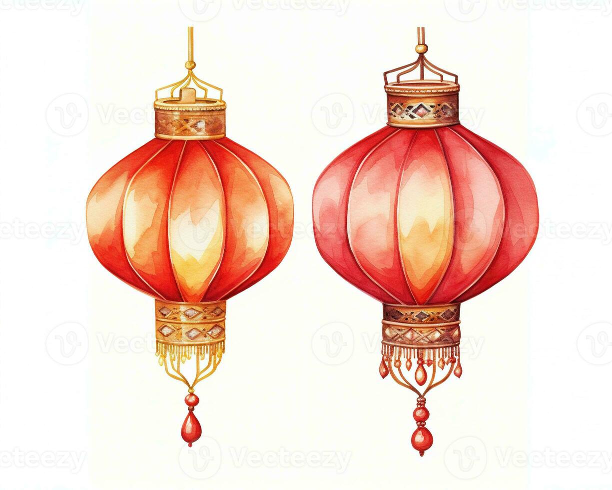AI generated Red and gold chinese lanterns isolated on black background. Asian new year red lamps festival AI generative photo
