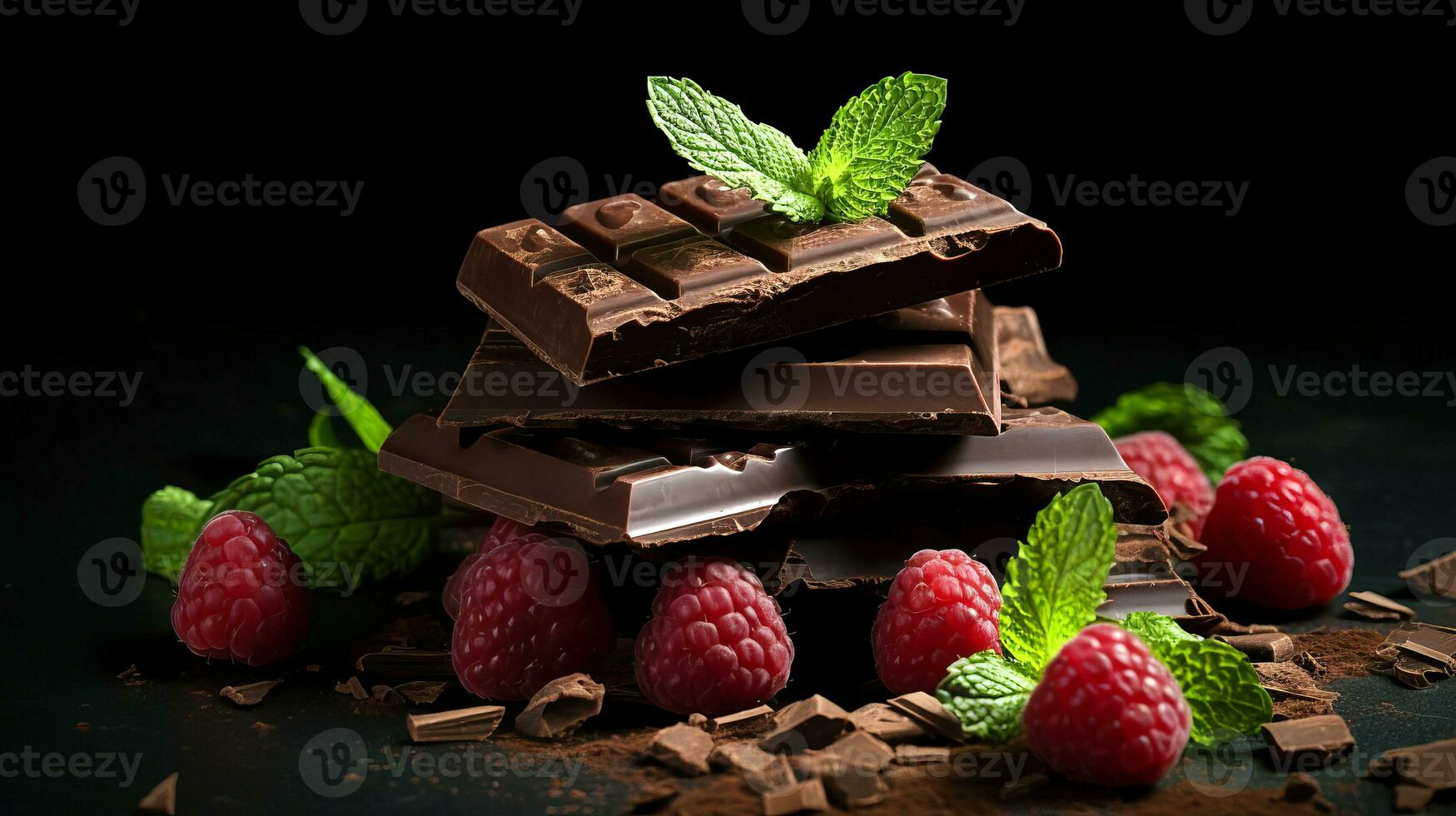 AI generated Broken chocolate bar, mint leaf and raspberries on dark background. AI generated photo