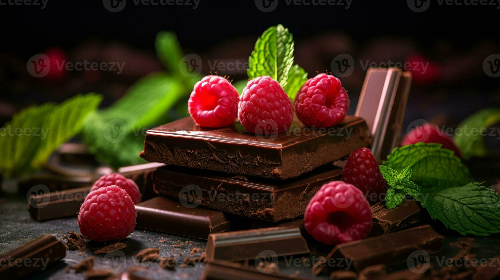 AI generated Broken chocolate bar, mint leaf and raspberries on dark background. AI generated photo
