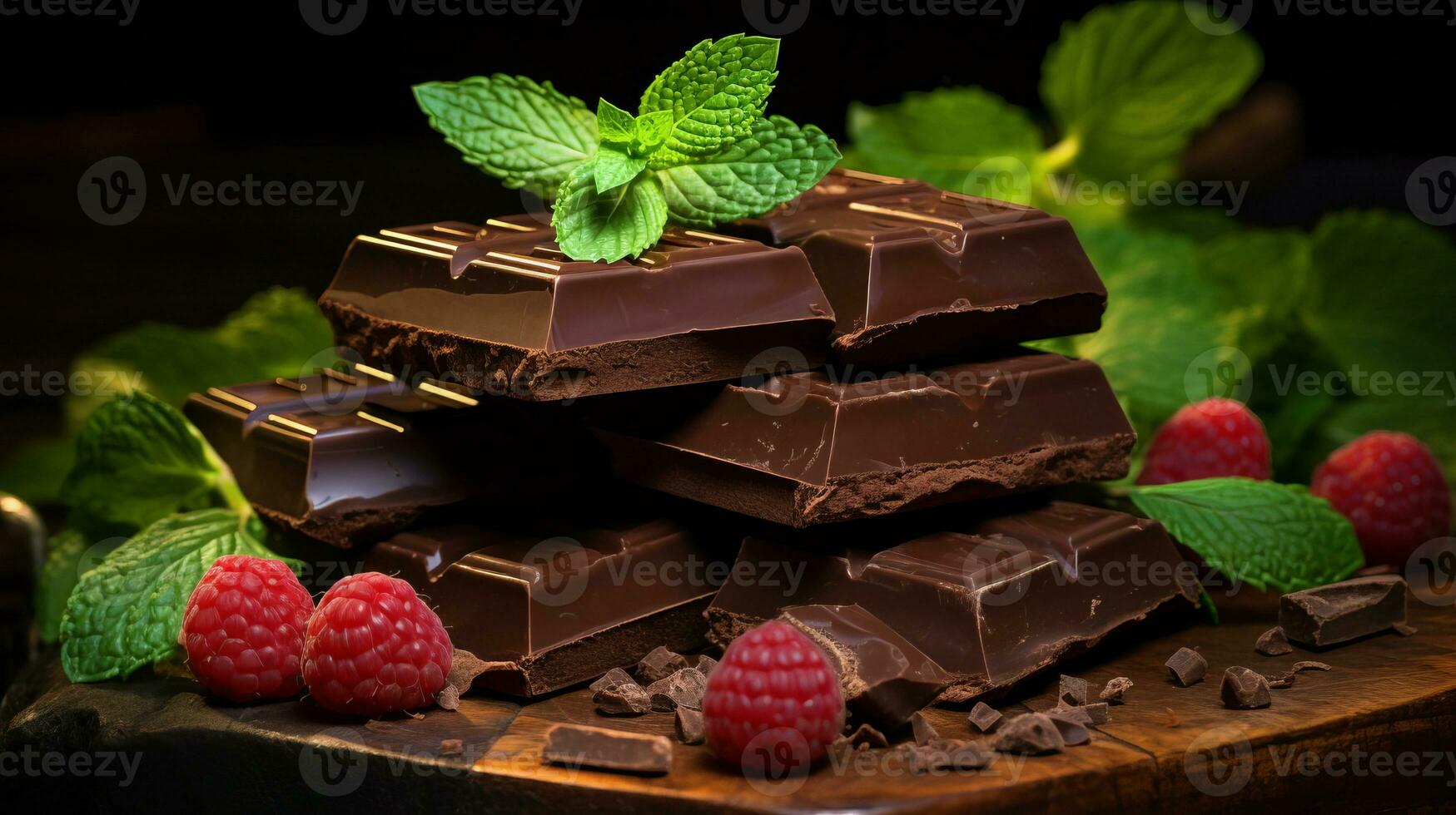 AI generated Broken chocolate bar, mint leaf and raspberries on dark background. AI generated photo