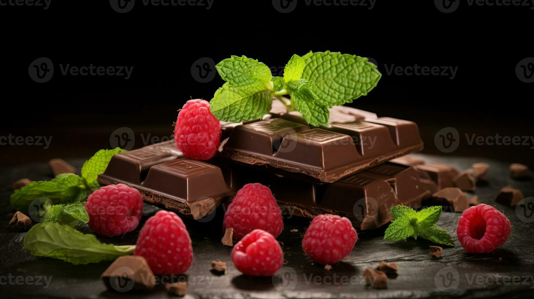 AI generated Broken chocolate bar, mint leaf and raspberries on dark background. AI generated photo