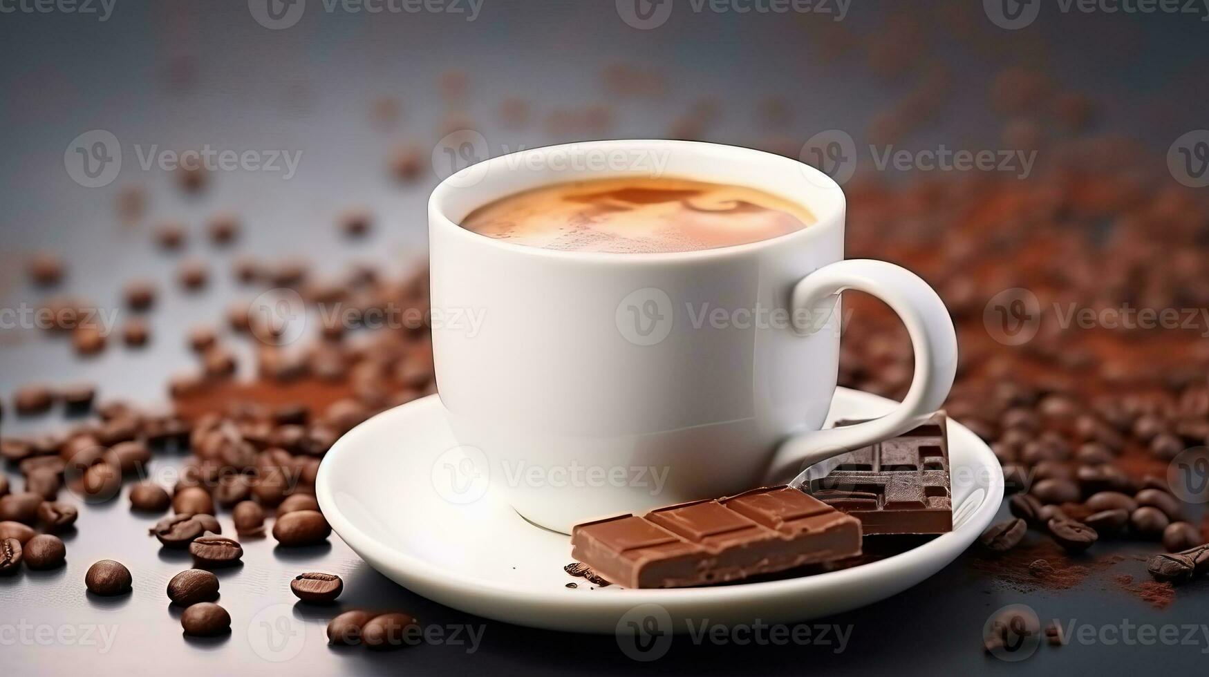 AI generated White coffee cup next to pieces of chocolate bar and coffee beans. AI generative. photo