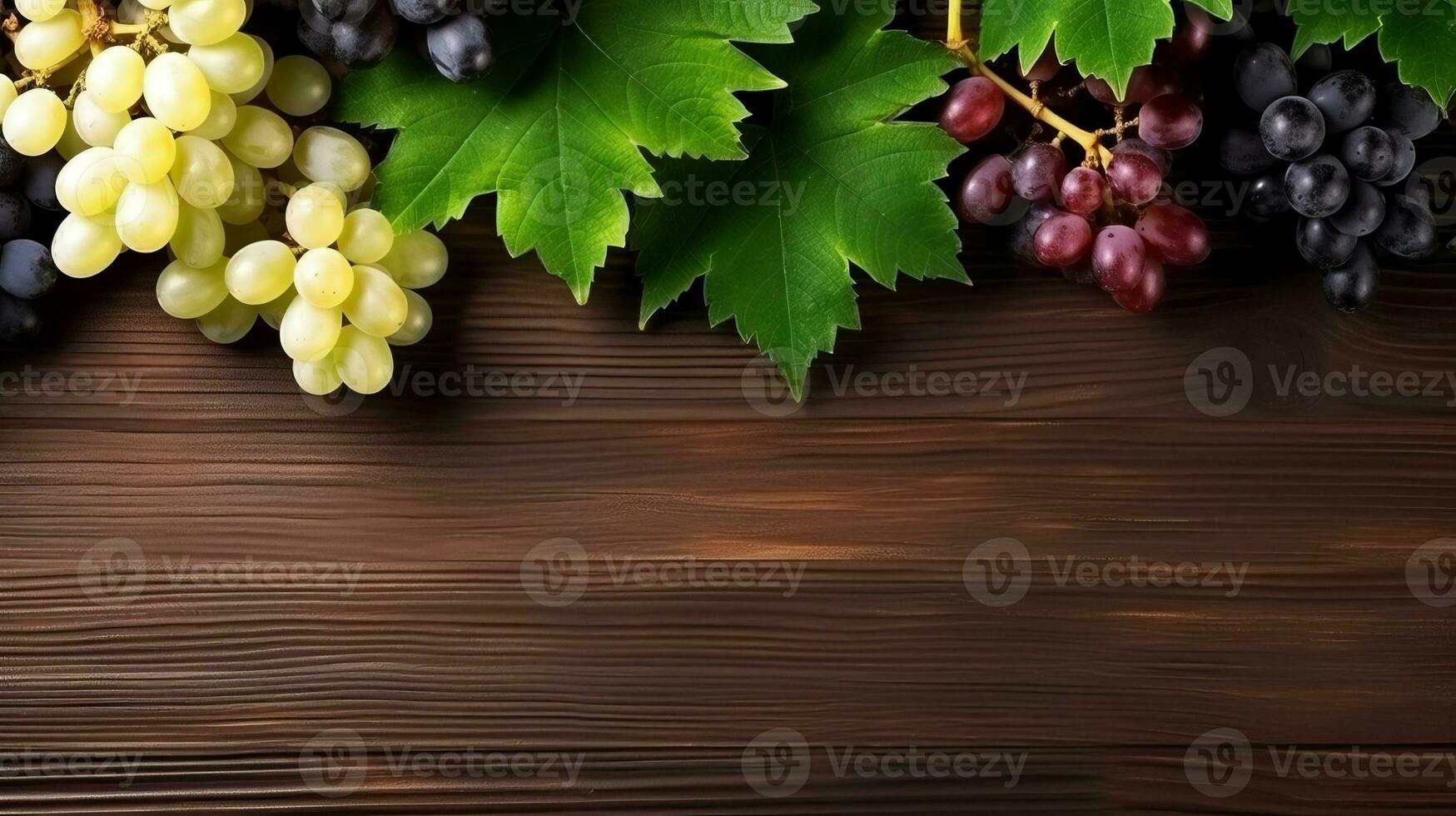 AI generated Top view of bunches of white and dark grapes with leaves on a wooden surface. Place for text. AI generative. photo