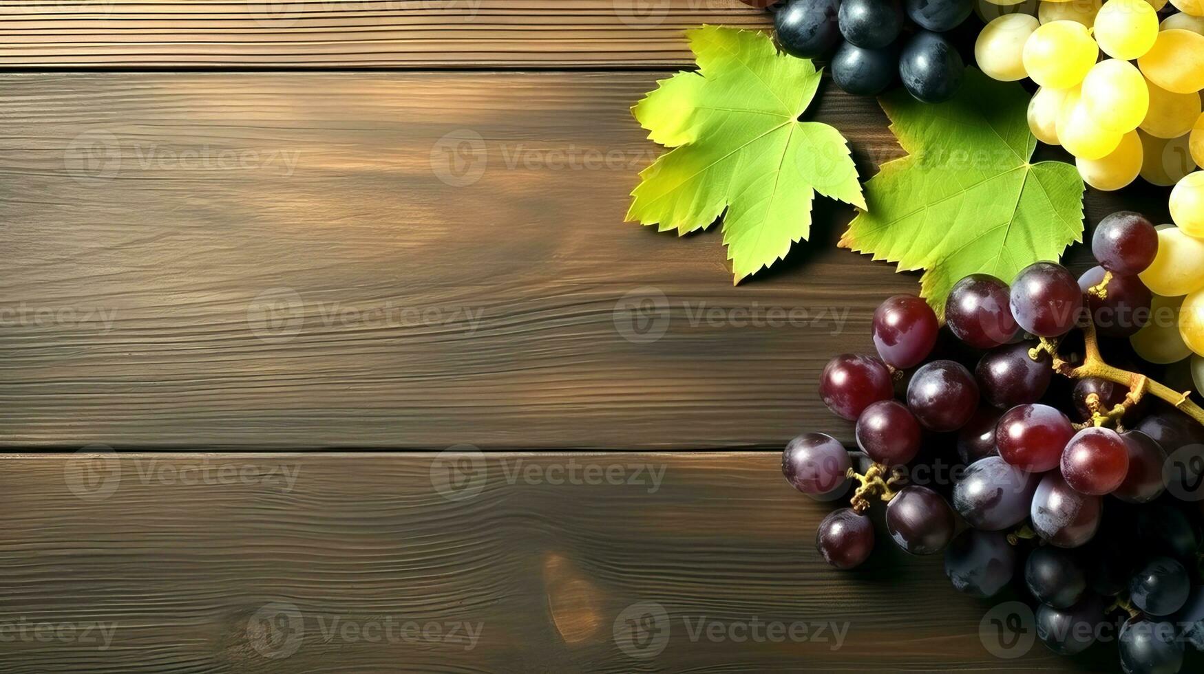 AI generated Top view of bunches of white and dark grapes with leaves on a wooden surface. Place for text. AI generative. photo