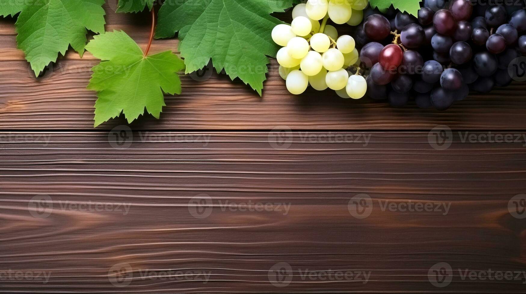 AI generated Top view of bunches of white and dark grapes with leaves on a wooden surface. Place for text. AI generative. photo