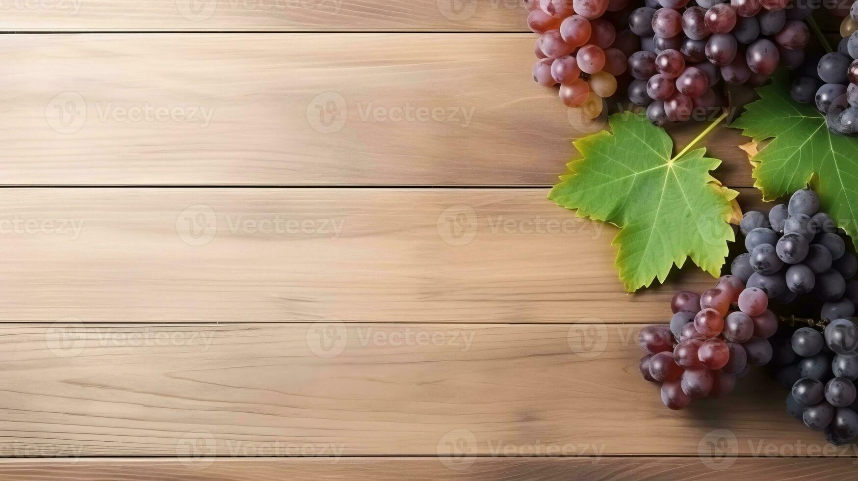 AI generated Top view of bunches of white and dark grapes with leaves on a wooden surface. Place for text. AI generative. photo