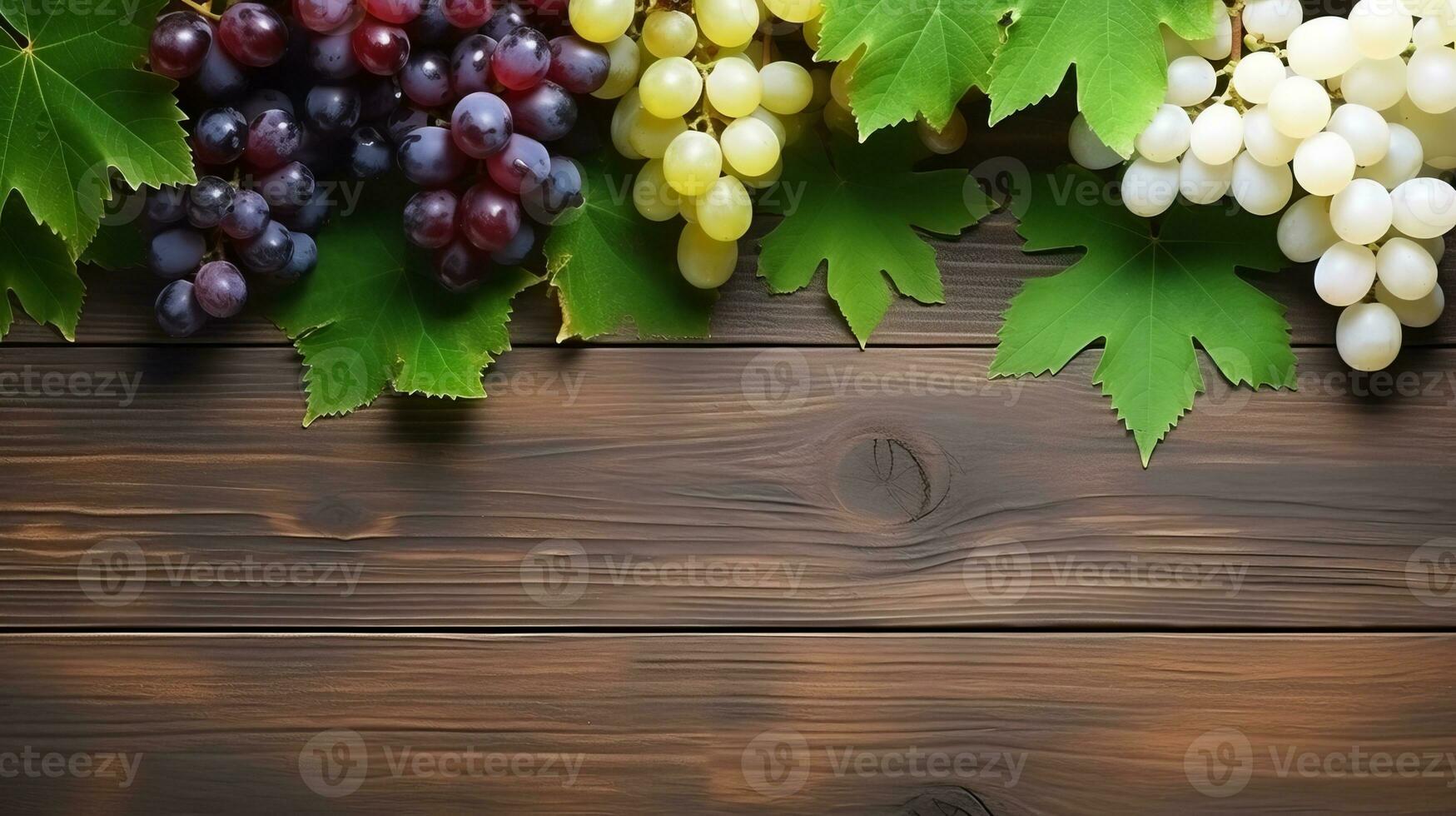 AI generated Top view of bunches of white and dark grapes with leaves on a wooden surface. Place for text. AI generative. photo