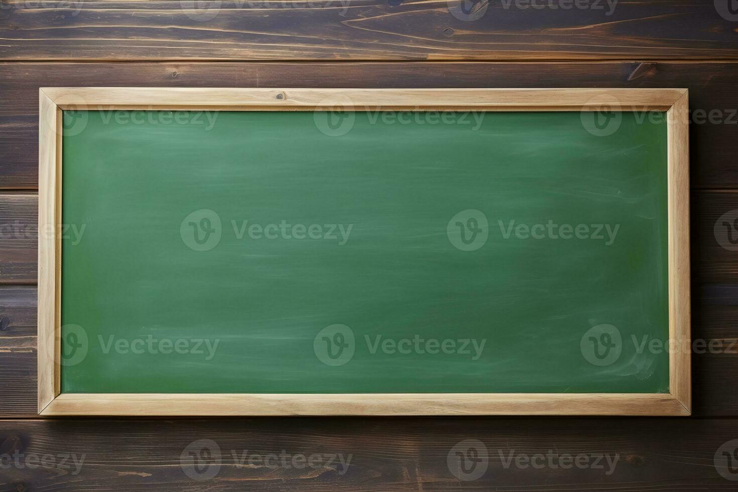 AI generated blank green chalkboard with wood border on wooden background, education and commercial concept, text space. photo