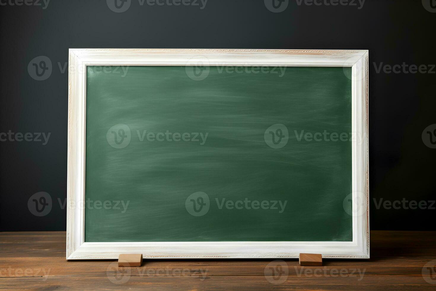 AI generated blank green chalkboard with wood border on wooden background, education and commercial concept, text space. photo