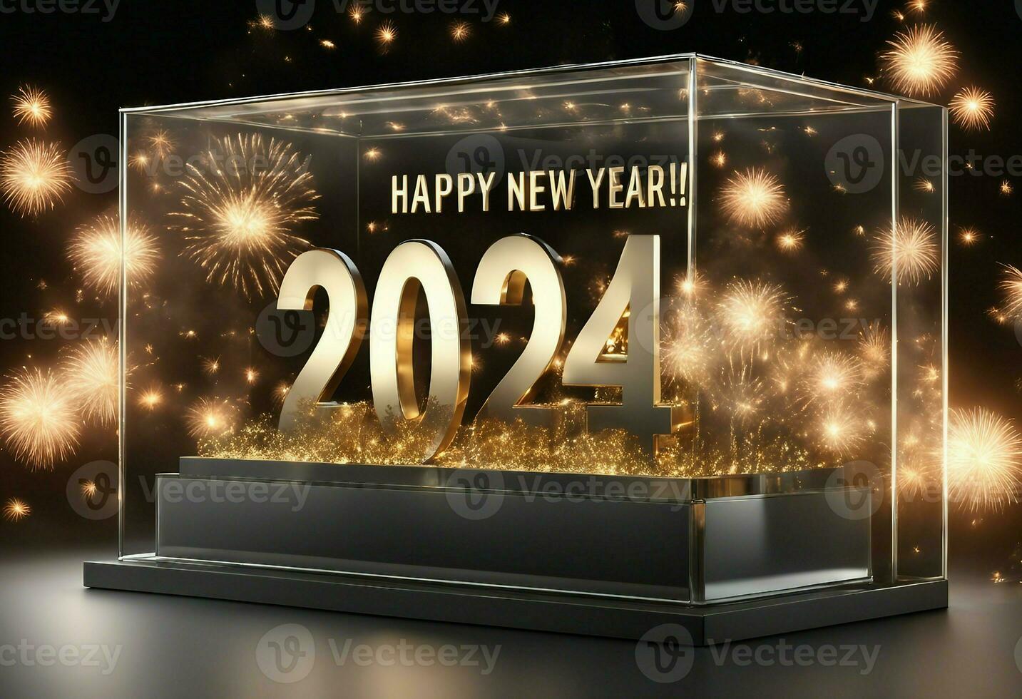 AI generated Happy New Year written on black background with gifts. Happy new year 2024. photo