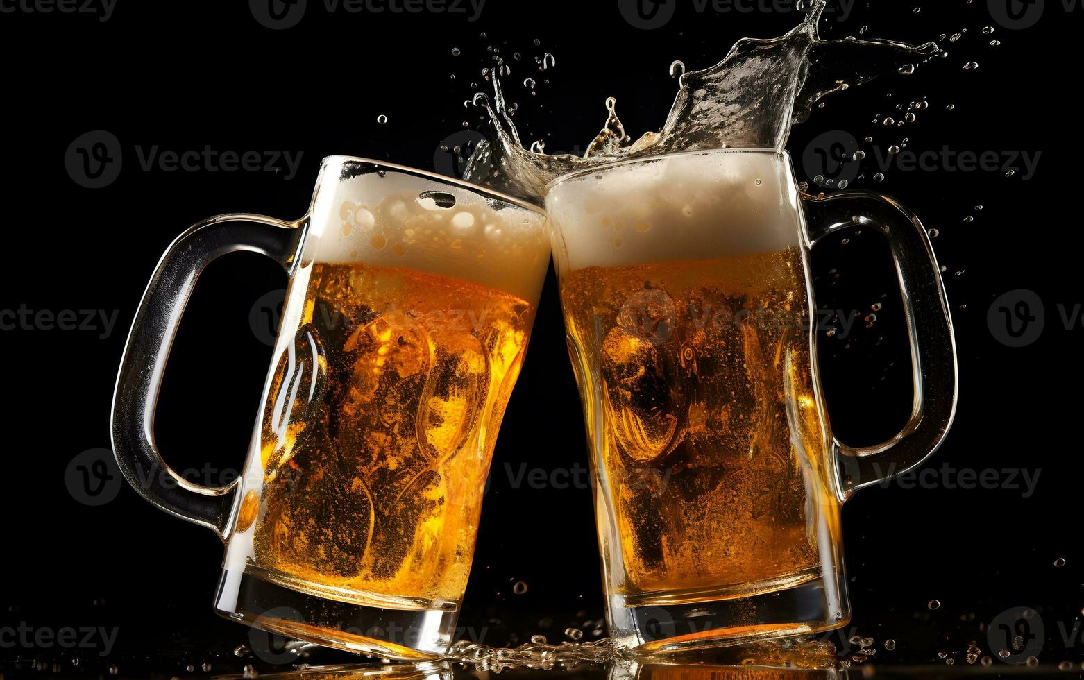 AI generated Two glasses of beer in cheers gesture, splashing out. Isolated on black background. photo