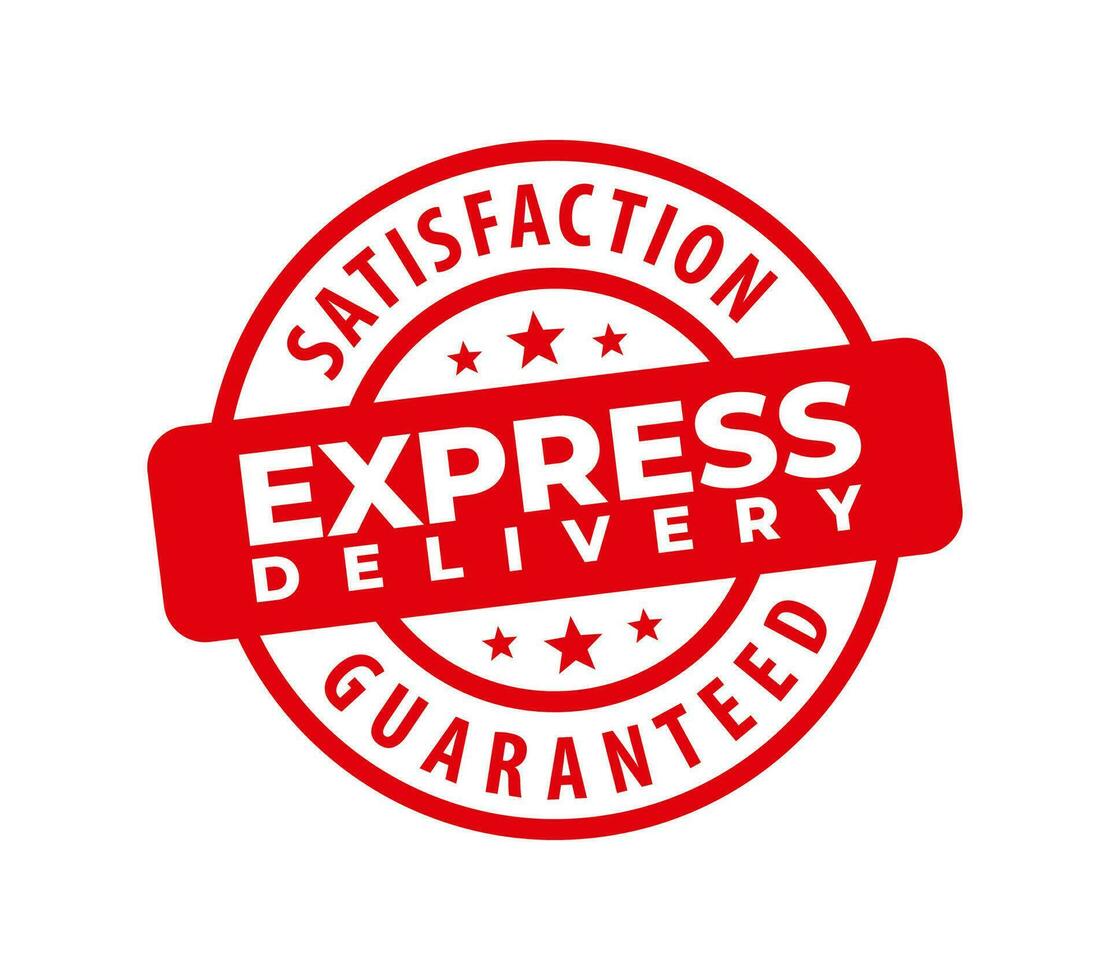 Express delivery satisfaction guaranteed circular red stamp frame isolated on white. Vector Illustration