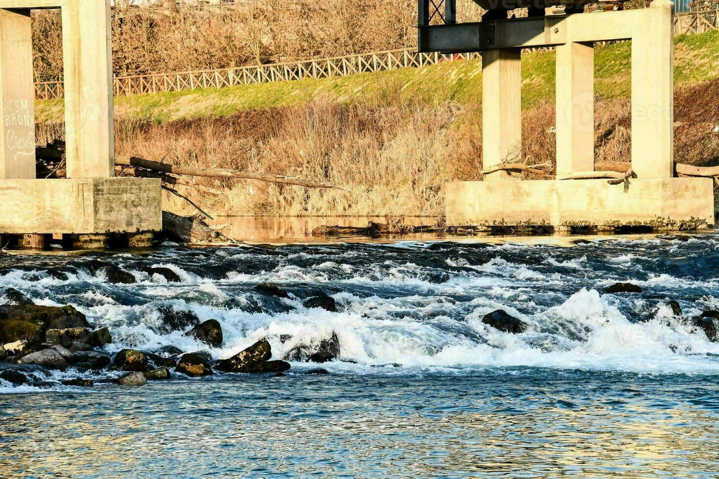 a river under a bridge with rapids and rocks photo